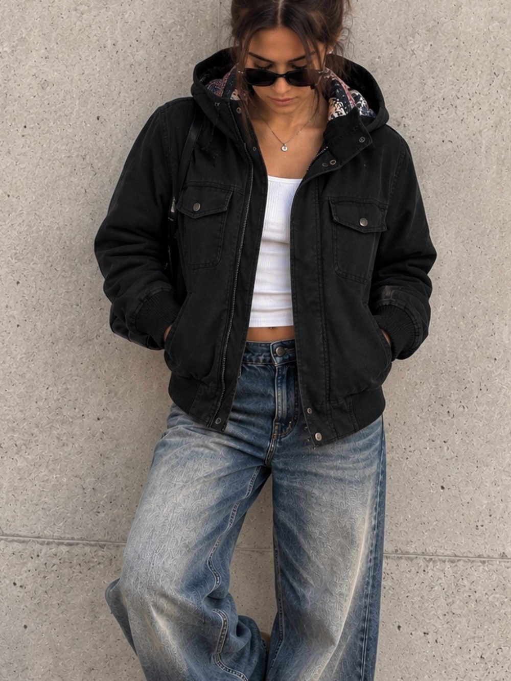 TNA Aritzia Archive Black Hooded Utility Bomber Jacket Y2K 2000s Style XL